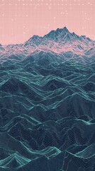 Obraz premium Teal Wave-Like Terrain Extending to Dark-Blue Mountains Under Soft Pink Sky