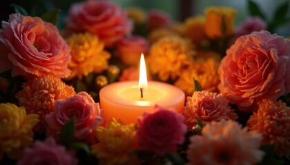 Candlelight surrounded by flowers tribute to cancer fighters.