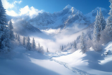 Obraz premium Majestic Winter Mountain Landscape With Snow Covered Trees
