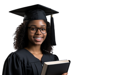 Happy young woman in a graduation cap and casual holding a book, isolated on a transparent background