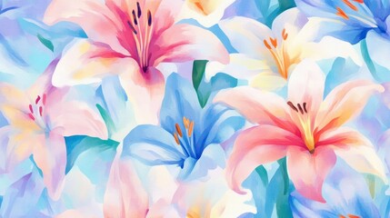 Obraz premium Watercolor Lilies Pattern in Blue and Pink, intricate design featuring delicate lilies, harmonious color blend, perfect for textiles and decor