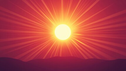 Obraz premium Bright sun rays burst over dark silhouette hills.