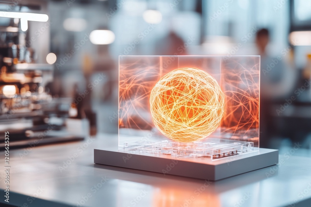 Poster a futuristic yarn ball glowing with neon threads, displayed on a holographic surface with a high-tec