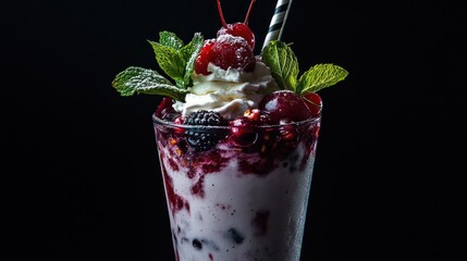 Berry milkshake, whipped cream, cherries, dark background, dessert menu