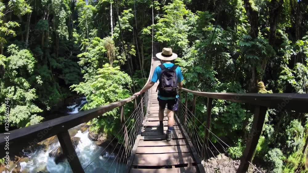Aufkleber exploring a lush forest trail on a sunny day while crossing a bridge over a flowing river
