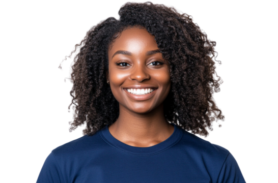 Portrait of a beautiful, smiling Black woman with curly hair, wearing a blue t-shirt, isolated on a transparent PNG background
