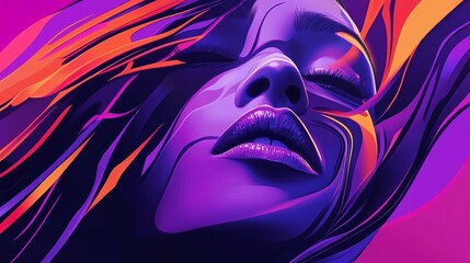 A vibrant digital artwork featuring a woman's face, with flowing hair and rich purple and orange hues, evoking emotion and creativity.