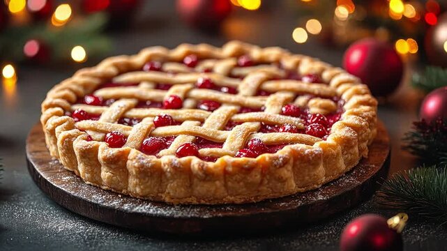 Festive raspberry pie surrounded by Christmas decorations