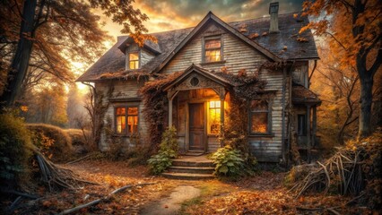 An Enigmatic Wooden House Bathed in Autumnal Sunset Light, Nestled Amongst Ancient Trees and Overgrown with Vines