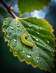 Naklejka premium A caterpillar on a leaf in rainy weather