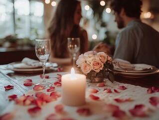 Romantic Dinner Table with Candlelight and Rose Petals