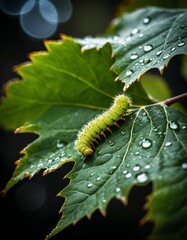 Fototapeta premium A caterpillar on a leaf in rainy weather