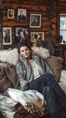 Young Woman Smiling Comfortably Lounging on Rustic Couch in Log Cabin