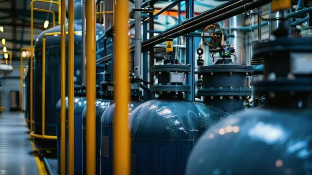 
video of Several water softener filters are lined up in a row, part of a water treatment system for ecological purposes 