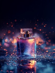 A bottle of perfume on a dark background with water droplets