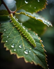 Naklejka premium A caterpillar on a leaf in rainy weather
