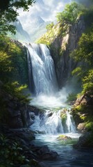 Obraz premium A serene waterfall cascading into a crystal-clear stream surrounded by lush greenery.