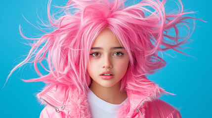 Naklejka premium Bright pink hairstyle showcased against a blue background