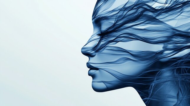 A silhouette of a woman's profile with flowing blue lines, creating a sense of movement and fluidity against a soft background.