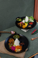 Spiced Fried Chicken and Beef Rice Plates with Soup and Sambal