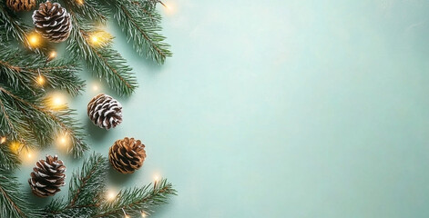 Christmas evergreen branches and pine cones with fairy lights on mint background
