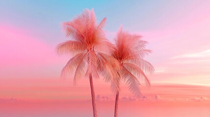 Two palm trees stand against a dreamy pastel sky, blending shades of pink and blue, creating a serene tropical scene.