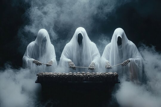 A haunting xylophone made of bones, with ghostly figures playing it in a dark and misty environment