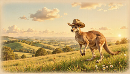 Kangaroo wearing cowboy hat roaming in golden grassy field