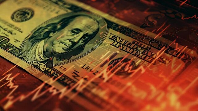 The U.S. dollar depicted against a backdrop of a declining chart, representing the American economy's downturn. Indicators of an economic crisis in America include reduced profits and a recession