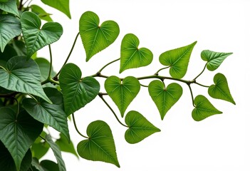 Heart-Shaped Vine: Green Leaves, Climbing Ivy, Cowslip Creeper, Telosma Cordata, Intricate Details, Realistic Reflections, HD Quality, Pure White Background, Natural Lighting.

