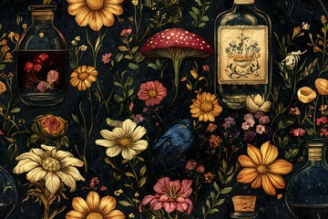 Dark Floral Botanical Alchemy Still Life Illustration