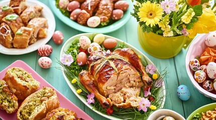 Easter feast celebration home dining room food display spring atmosphere overhead view seasonal delights for family gatherings