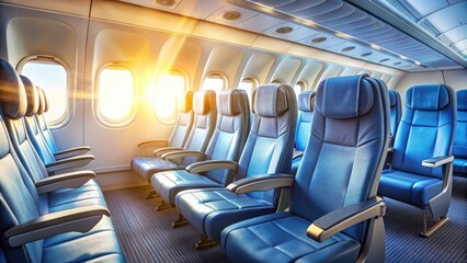 Naklejka premium A serene sunrise illuminates the comfortable blue upholstered passenger seats inside an aircraft cabin, showcasing the calming ambiance of air travel