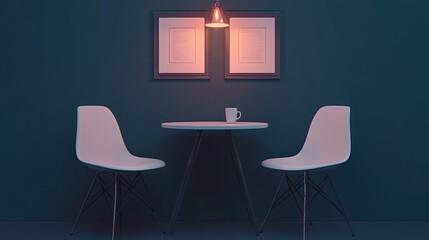 Fototapeta premium A clean dining space with a small round table and two simple chairs.