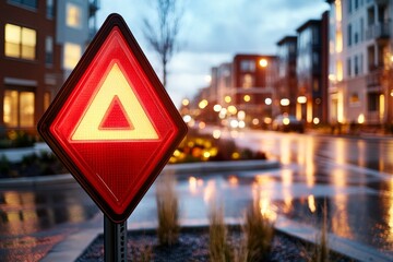 A bright yield sign on a newly paved street, with fresh road markings and landscaping around it
