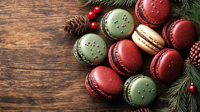 Festive holiday macarons arranged with pine and berries