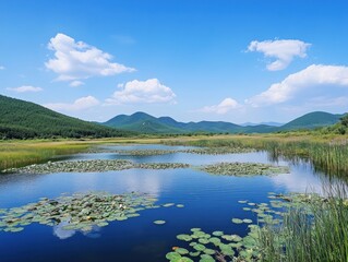 Naklejka premium Scenic view of a tranquil lake surrounded by lush green mountains under a blue sky with white clouds
