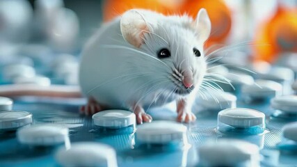 video of White mouse on the pills background, animal test in laboratory 