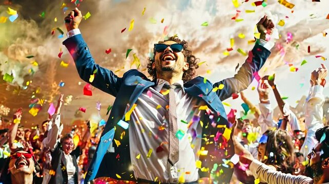 A cool man in a suit, wearing sunglasses, is standing in front of a crowd of people. He celebrates the successful launch of a business product at a party