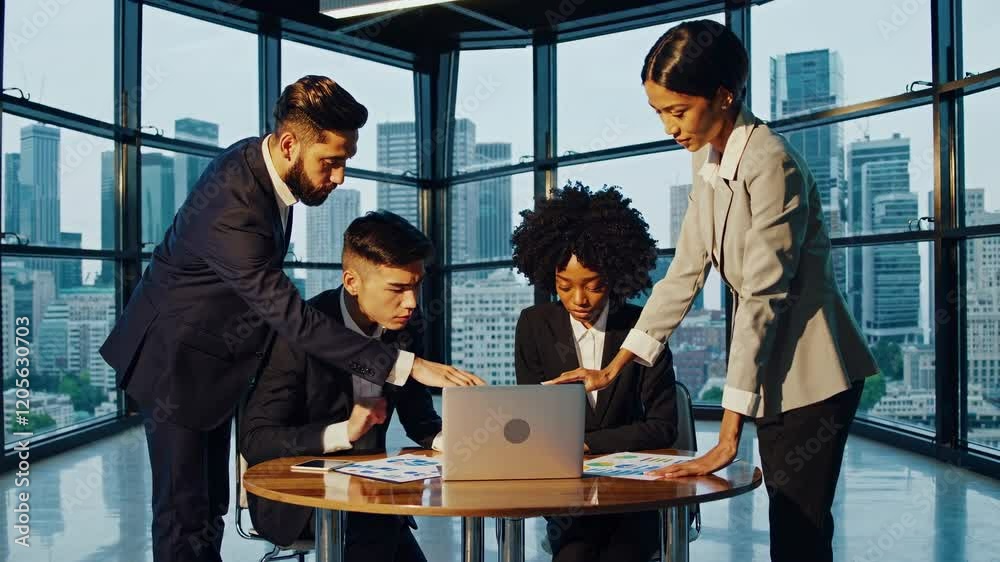 Aufkleber Professionals collaborating in a modern office with a skyline view during a meeting