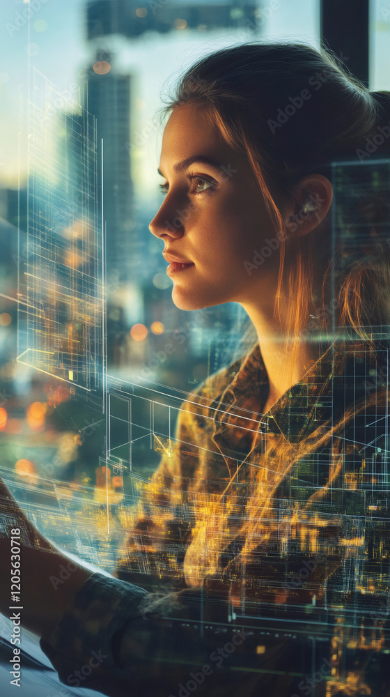 Poster Young female architect is using augmented reality technology to design futuristic buildings, visualizing 3D models overlaid on a cityscape