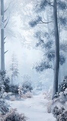 Fototapeta premium A serene winter forest scene with calm, snow-covered trees and soft light.