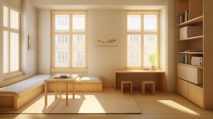 Fototapeta premium A compact studio apartment with a foldable bed and small dining table.