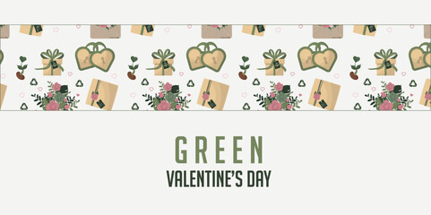 Horizontal Green Valentine's Day banner. Seamless horizontal border with sustainable Valentine's motifs flat style. Template for card, invitation or advertising. Valentine's day. Vector illustration
