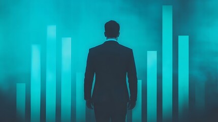 Fototapeta premium Confident Businessman Walking Amid Glowing Financial Growth Visualization