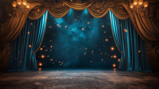  Majestic theater stage with ornate curtains and starry night backdrop for enchanting performances. Copy space
