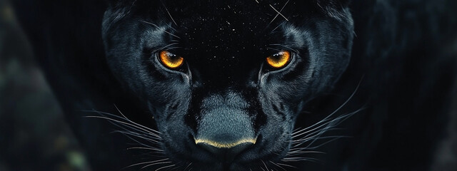 A striking closeup of a black panther's face with intense amber eyes and detailed fur texture