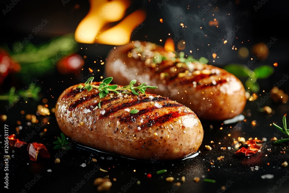 Poster a magical barbecue scene with glowing wurst sausages floating over enchanted flames, surrounded by m