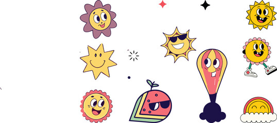 colorful happy smiling face label shape set. Collection of trendy retro sticker cartoon shapes vector illustration