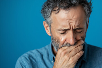 Fototapeta premium a man is crying and tears are seen coming out of her eyes dripping down her cheeks. against yellow background